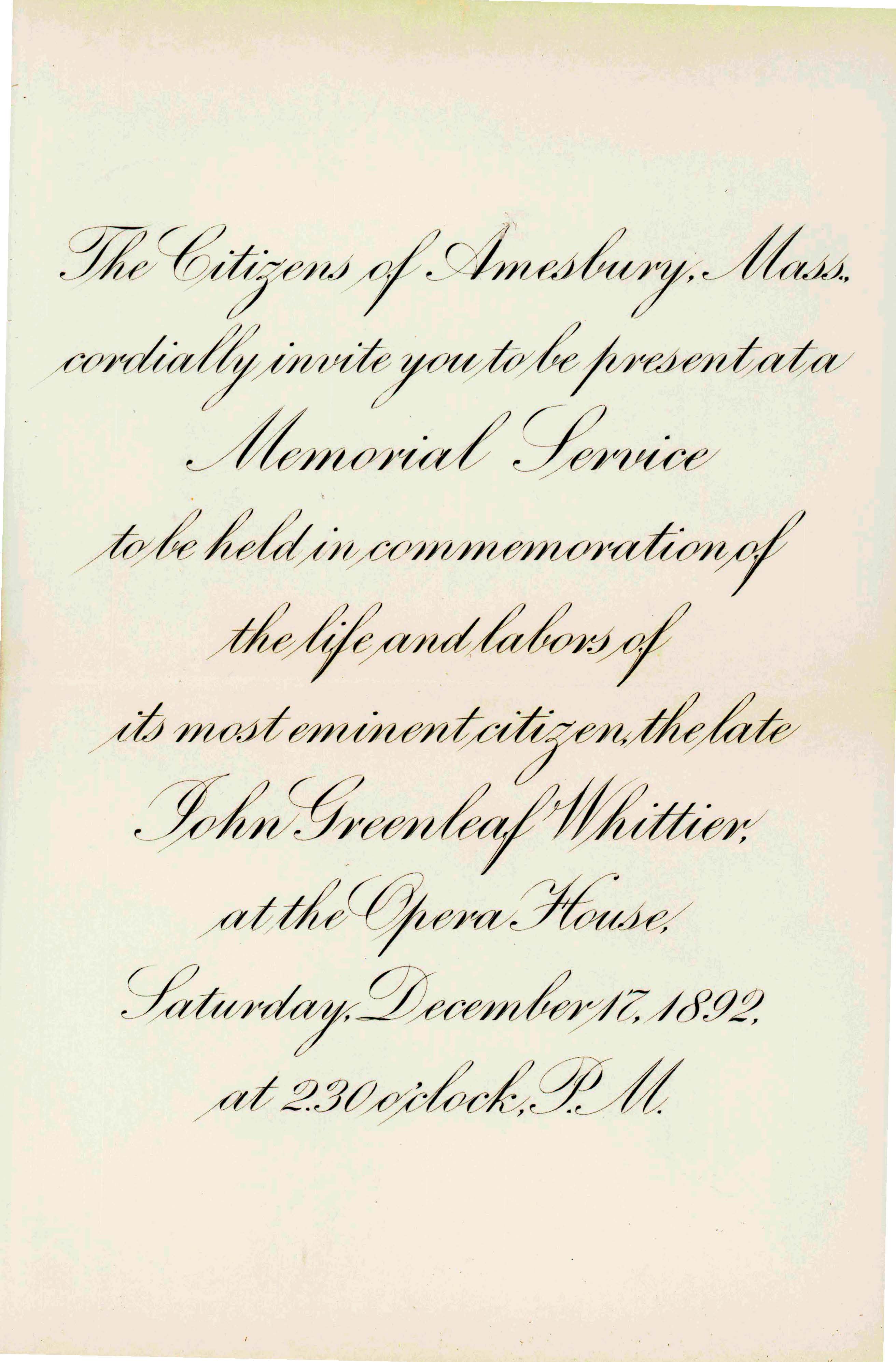 Engraved Memorial Service Invitation - Citizens of Amesbury, MA