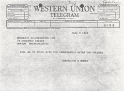 Telegram from Cornelius Moore to J. Herbert Gebelein 7/3/62