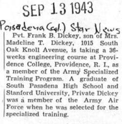 Private Frank B. Dickey is Taking a 36-Week Engineering Course under the ASTP Program at Providence College