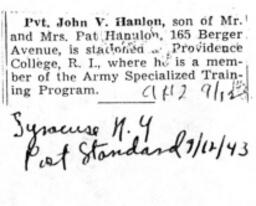 Private John V. Hanlon is Stationed at Providence College in the ASTP Program 