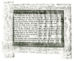 Newspaper Ad for Newton College Display of Cornelius Moore's Silver Collection