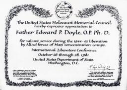 Award by the United States Holocaust Memorial Council to Reverend Edward P. Doyle