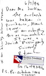 Note from Reuben Friedman to Jane Jackson