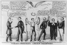 This political cartoon, published during the presidential election of 1844, demonstrates the significant role the Dorr Rebellion and the harsh imprisonment of Thomas Dorr had on national politics. PC/US - 1844.B157, no. 23 (B size) [P&P], American cartoon print filing series, Prints and Photographs Division, Library of Congress, Washington, D.C. 20540 USA. https://www.loc.gov/pictures/item/2008661420/