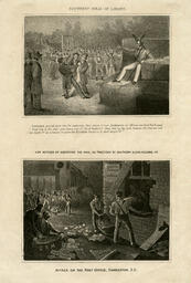  Print portraying the violent suppression of Southern abolitionism. Depicts a riotous mob around a gallows from which a white man hangs. It is overseen by Judge Lynch, depicted with donkey's ears and holding a whip while stepping on the Constitution. He is seated upon bales of cotton, sugar, and tobacco and sentences a white man abolitionist to be hanged by the neck. The abolitionist is grabbed and drug to the gallows by two white men.Print portraying a raid of anti-abolitionists on the Charleston Post Offi