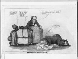 The cartoon portrays John Quincy Adams “frowned down” by Representative Waddy Thompson, Jr. in a heap of abolition petitions. Two enslaved Black people, portrayed in racist caricature and speaking in the vernacular, hide behind to watch and commend Thompson for his ability to overpower abolitionists.