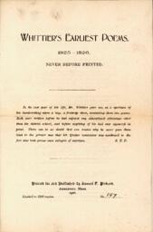Whittier's Earliest Poems, 1825-1826. Never before printed. Samuel Pickard
