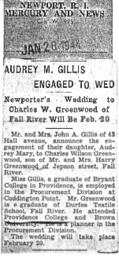 Audrey M. Gillis to marry Charles W. Greeenwood, graduate of PC